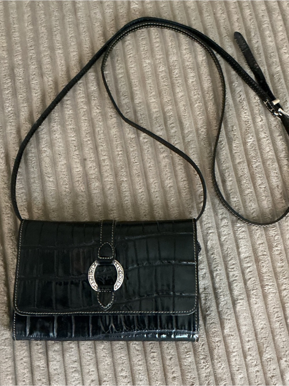 Brighton Black Croc-Embossed Crossbody with Silver Buckle